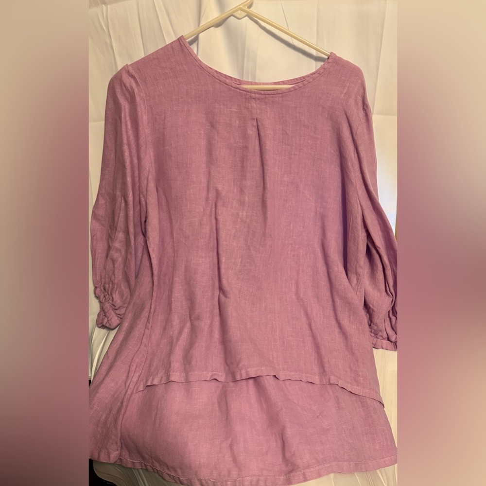 Bryn Walker lavender linen wide leg pants and linen top.
